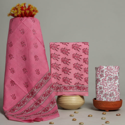 Elegant Hand Block Print Cotton Suit Set with Mulmul Dupatta (PRMUL78)